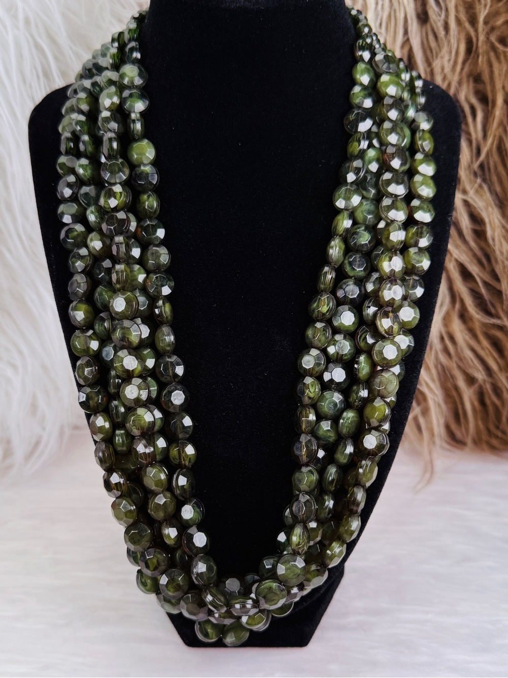 Four strand lightweight costume forest green, reflective necklace